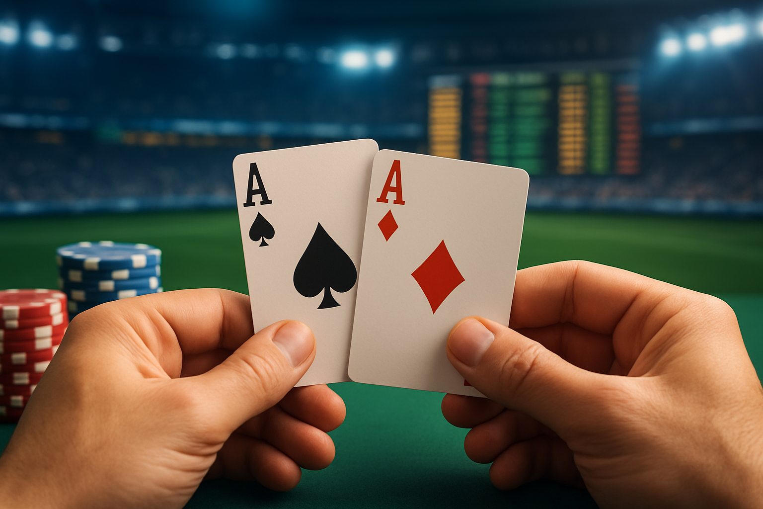 Close-up of two playing cards showing aces surrounded by poker chips and a green table.